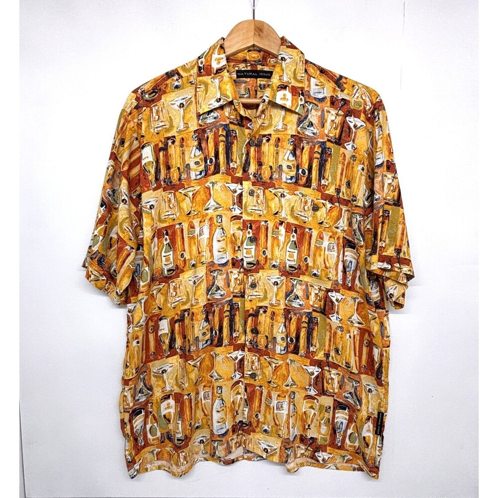 Natural Issue Short Slv Button Up Hawaiian Shirt with Cocktails Design Mens Med